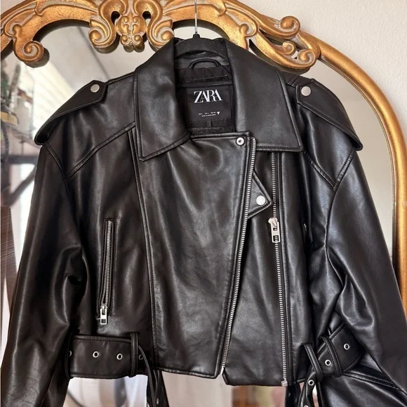 ZARA Black Faux Leather Moto Jacket with Belted Waist - Picture 1 of 1